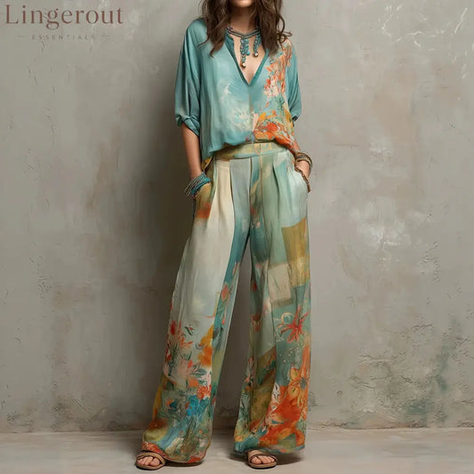 Watercolor Floral Print Two-Piece Linen-Blend Set