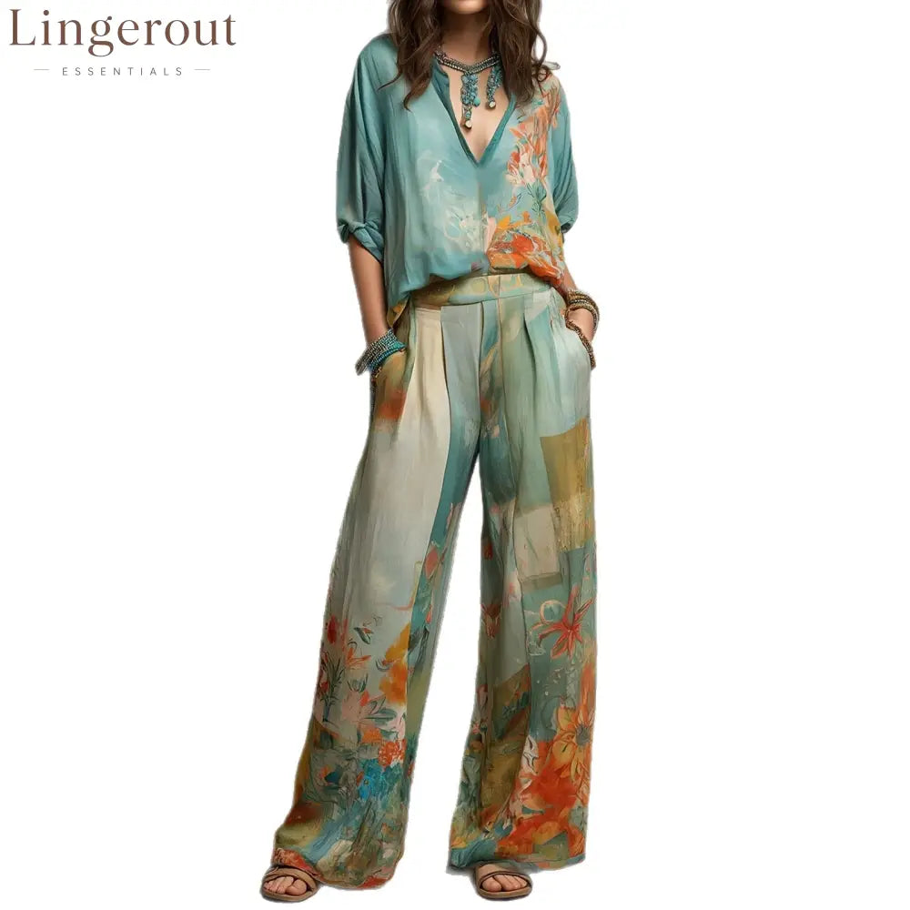 Watercolor Floral Print Two-Piece Linen-Blend Set