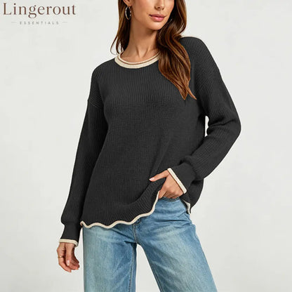 Wavy Hem Contrast Trim Knit Sweater