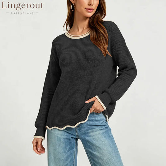 Wavy Hem Contrast Trim Knit Sweater