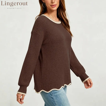 Wavy Hem Contrast Trim Knit Sweater
