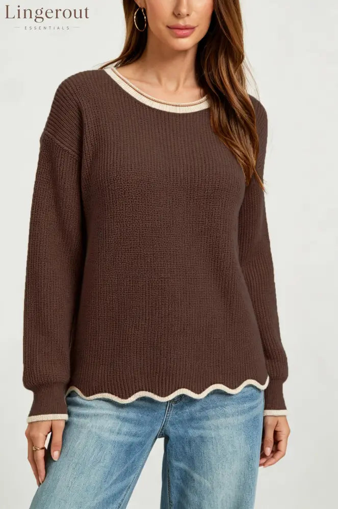Wavy Hem Contrast Trim Knit Sweater - Brown / S