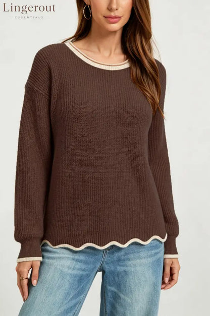 Wavy Hem Contrast Trim Knit Sweater - Brown / S