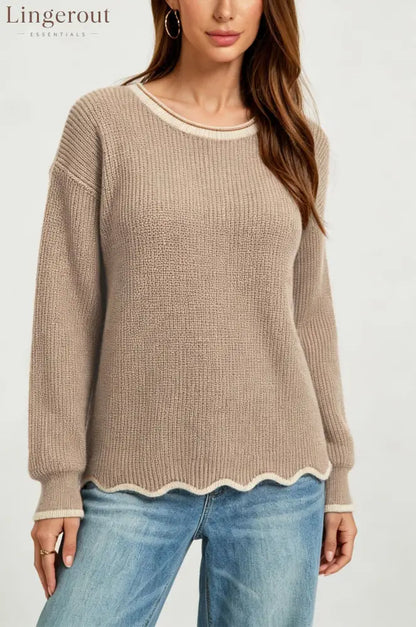 Wavy Hem Contrast Trim Knit Sweater - Dark apricot / S