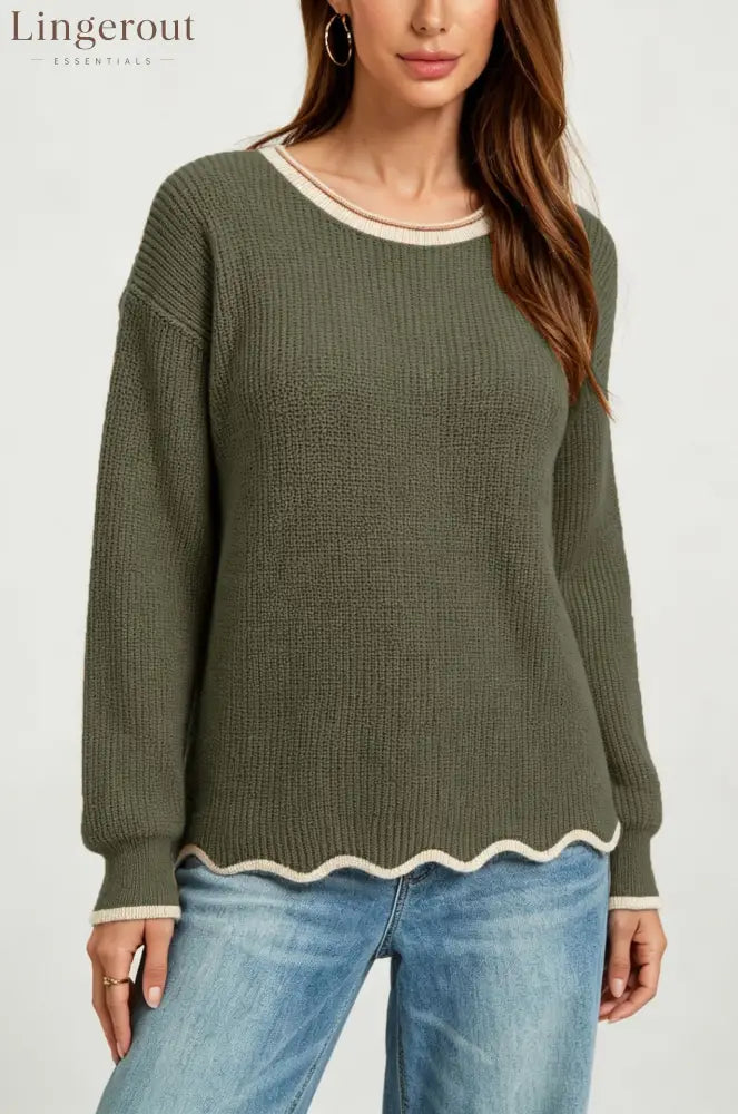 Wavy Hem Contrast Trim Knit Sweater - Green / S