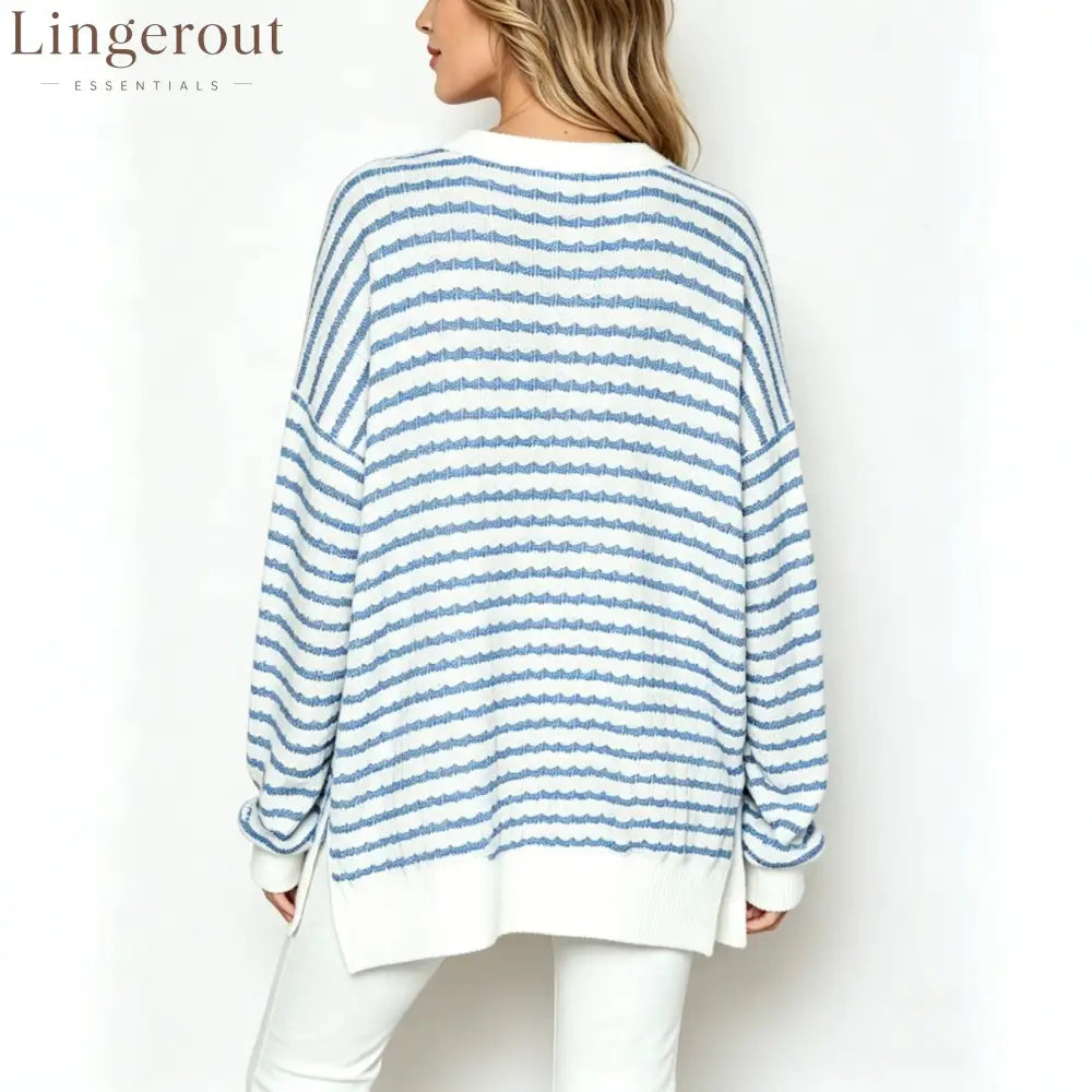 Wavy‑Stripe Oversized Crew Neck Knit Sweater