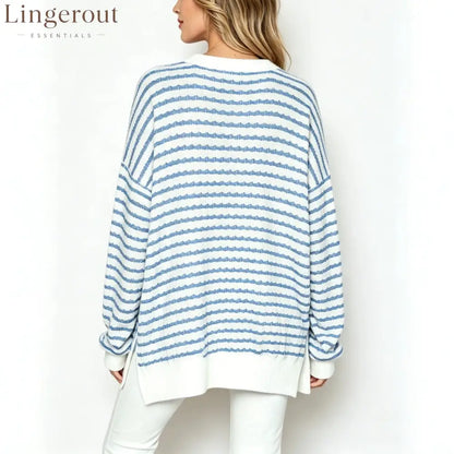 Wavy‑Stripe Oversized Crew Neck Knit Sweater