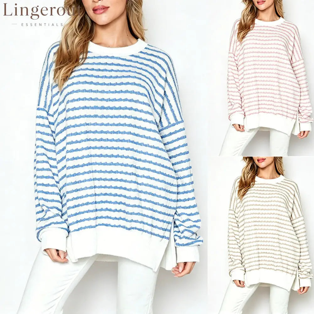 Wavy‑Stripe Oversized Crew Neck Knit Sweater