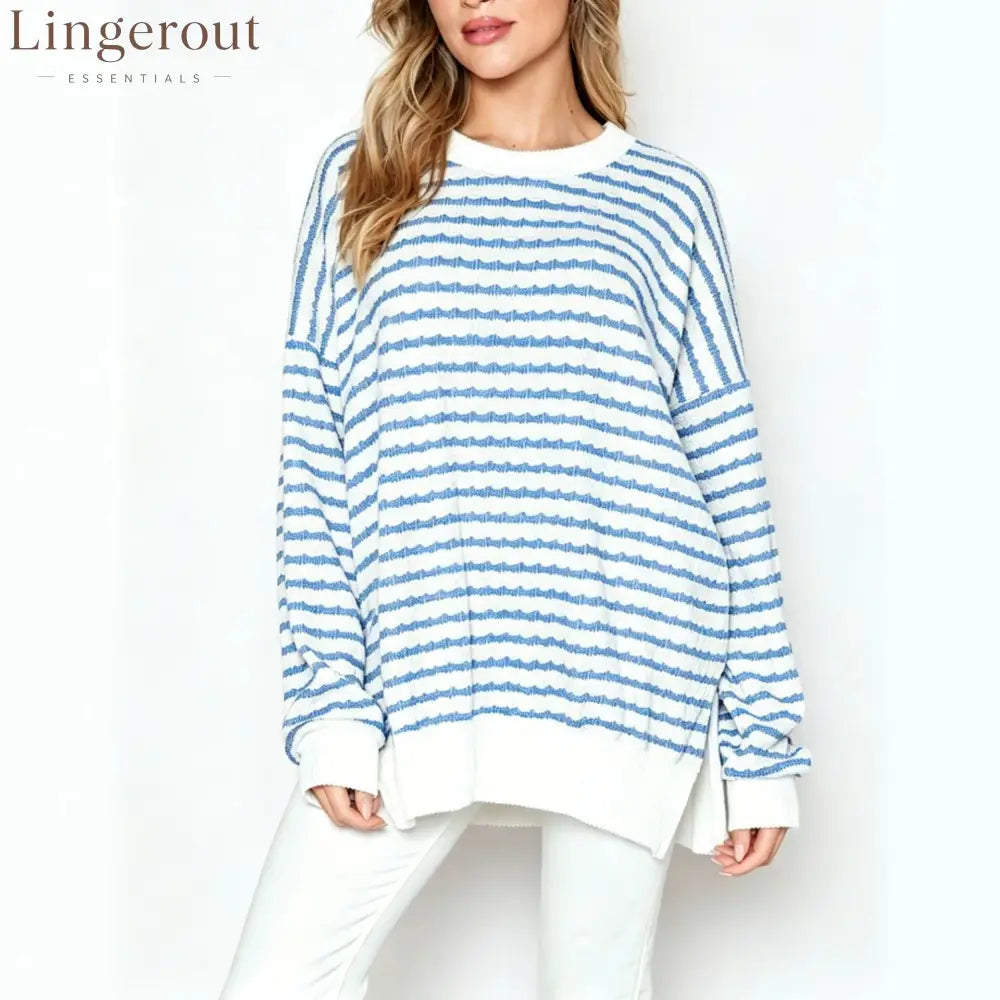 Wavy‑Stripe Oversized Crew Neck Knit Sweater