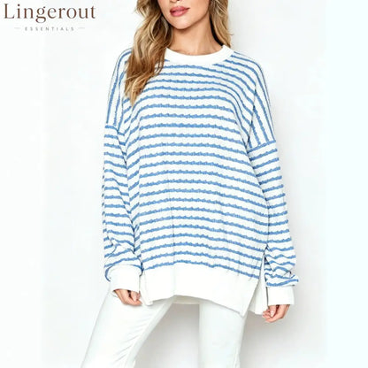 Wavy‑Stripe Oversized Crew Neck Knit Sweater