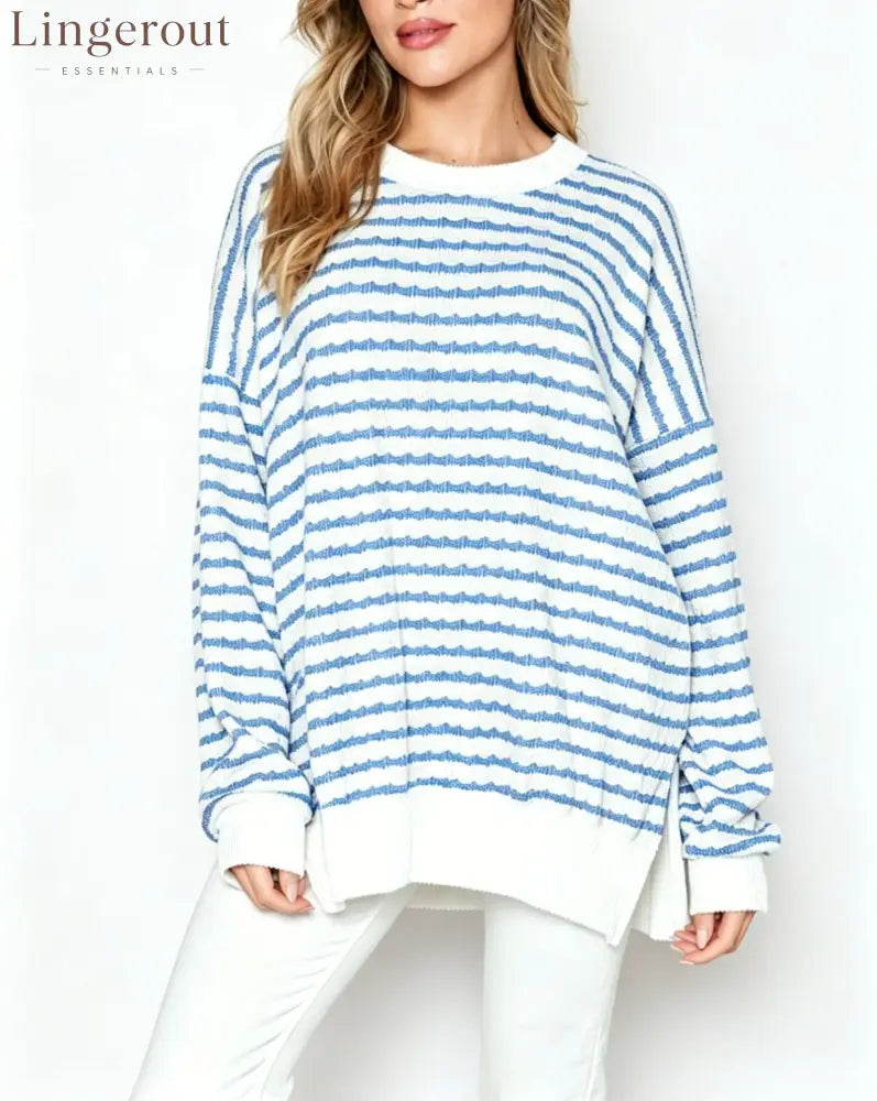 Wavy‑Stripe Oversized Crew Neck Knit Sweater - Light blue / S