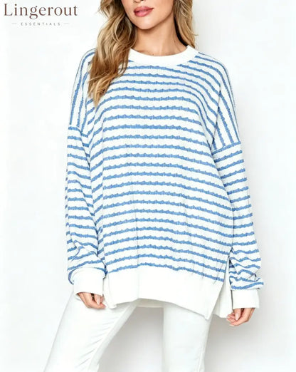 Wavy‑Stripe Oversized Crew Neck Knit Sweater - Light blue / S