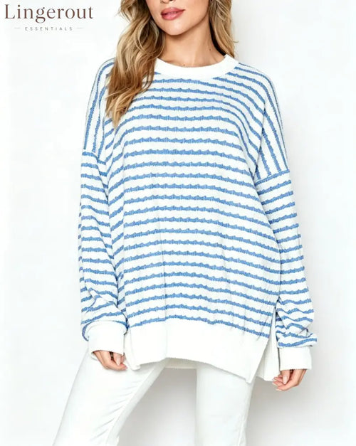 Wavy‑Stripe Oversized Crew Neck Knit Sweater - Light blue / S