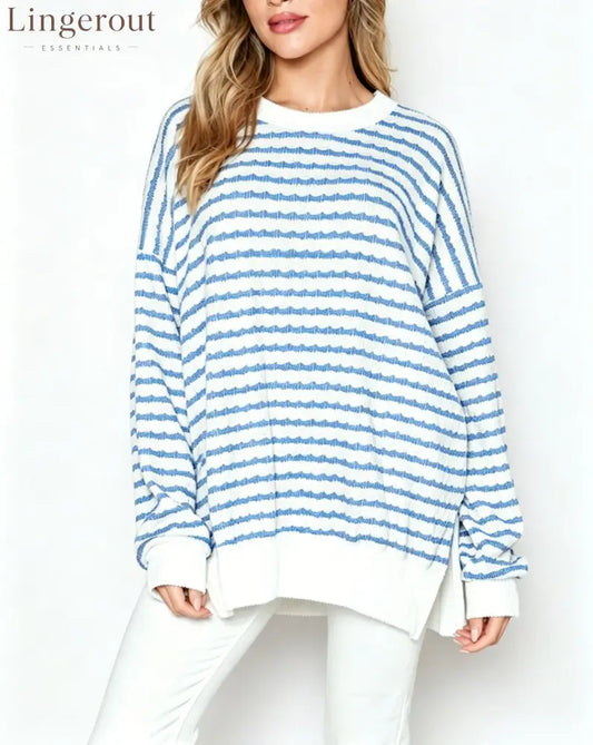 Wavy‑Stripe Oversized Crew Neck Knit Sweater - Light blue / S