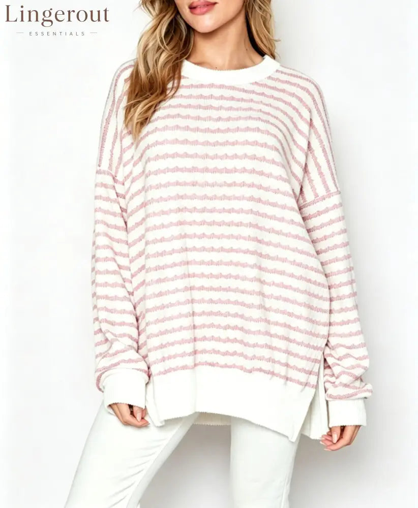 Wavy‑Stripe Oversized Crew Neck Knit Sweater - Pink / S