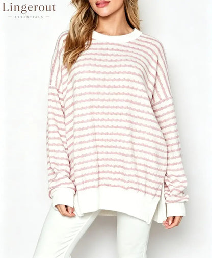 Wavy‑Stripe Oversized Crew Neck Knit Sweater - Pink / S