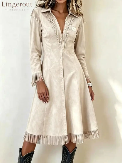 Western Suede‑Effect Fringe Button‑Front Midi Dress - apricot / S