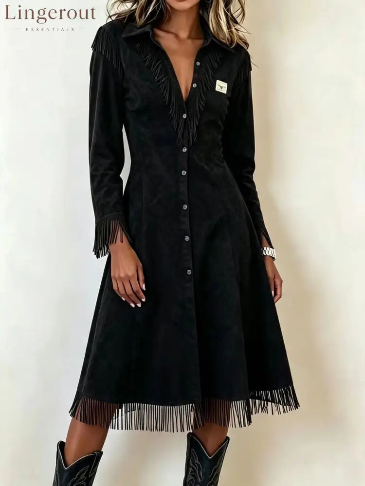 Western Suede‑Effect Fringe Button‑Front Midi Dress - black / S