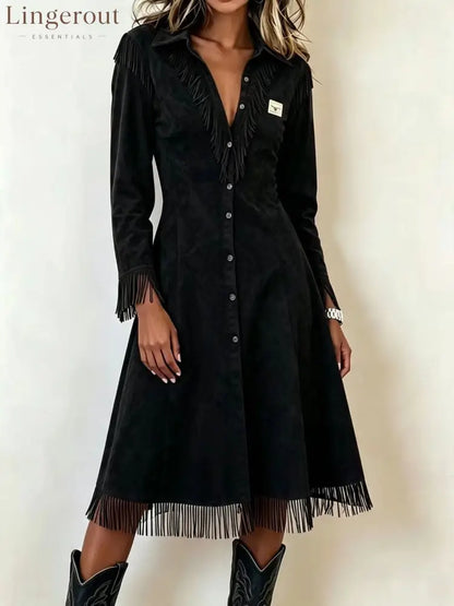 Western Suede‑Effect Fringe Button‑Front Midi Dress - black / S