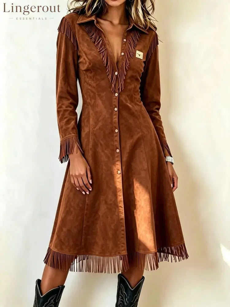 Western Suede‑Effect Fringe Button‑Front Midi Dress - dark brown / S