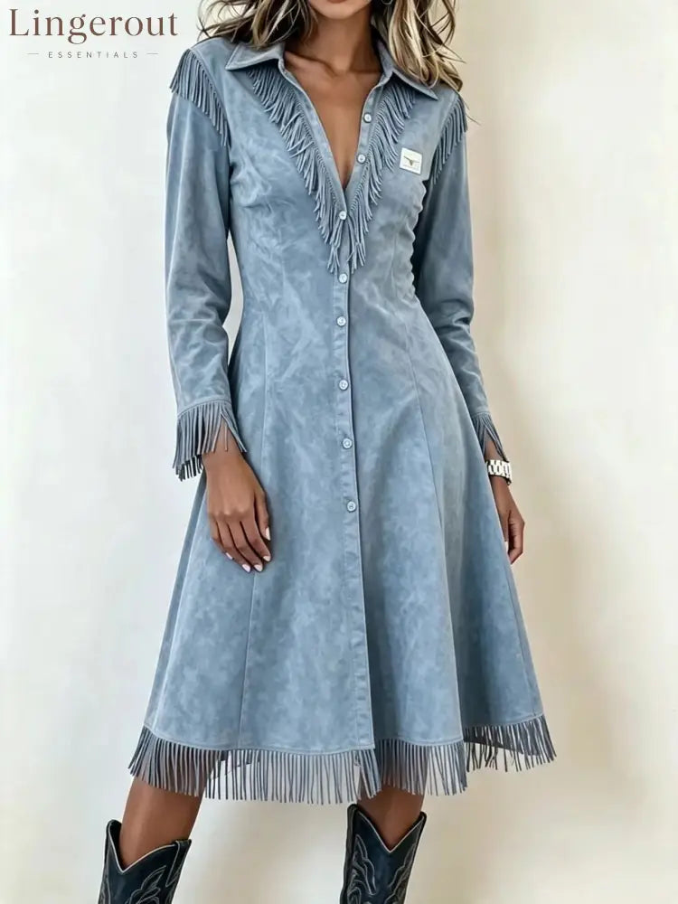 Western Suede‑Effect Fringe Button‑Front Midi Dress - light blue / S