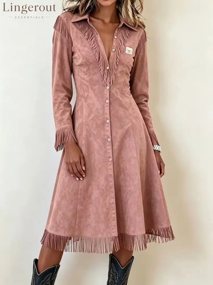 Western Suede‑Effect Fringe Button‑Front Midi Dress - lotus‑root color / S