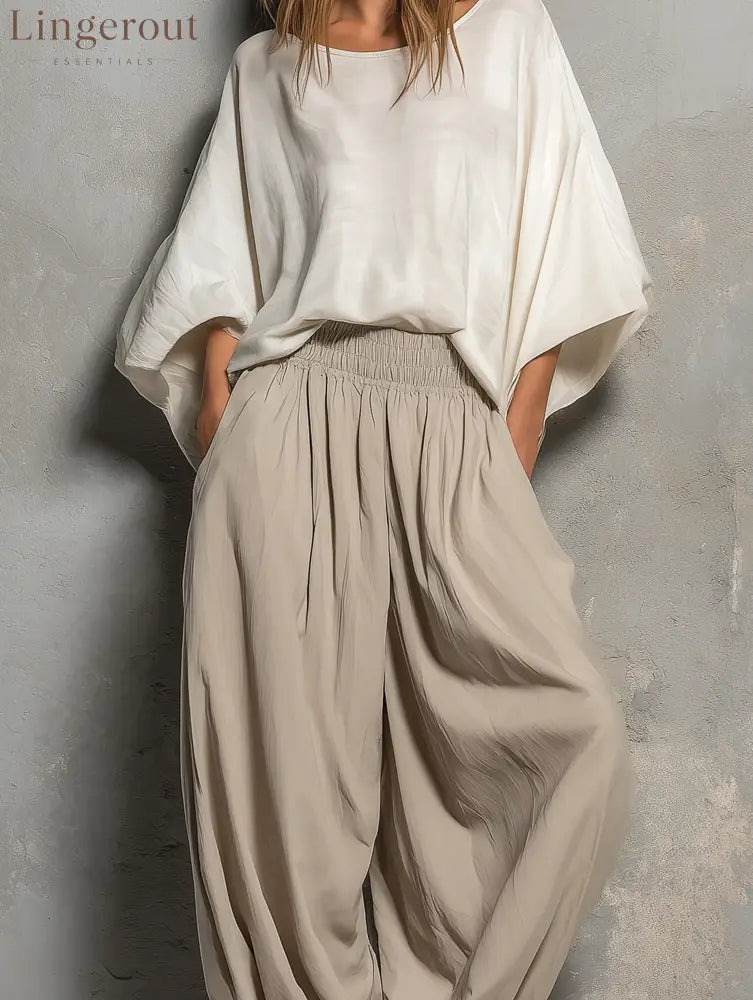 White Batwing Wide-sleeved Top And Light Khaki Harem Pants Suit - Matching Sets