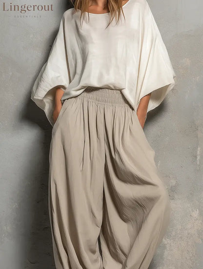 White Batwing Wide-sleeved Top And Light Khaki Harem Pants Suit - Matching Sets