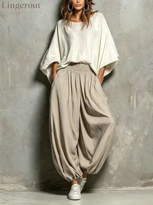 White Batwing Wide-sleeved Top And Light Khaki Harem Pants Suit - White / S - Matching Sets