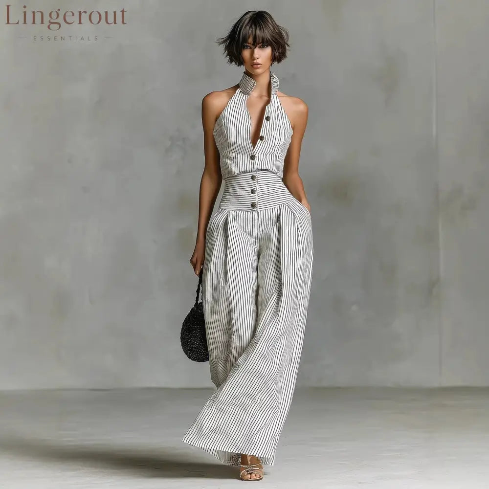 White Black Vertical Stripe Halter High Waist Wide Leg Jumpsuit