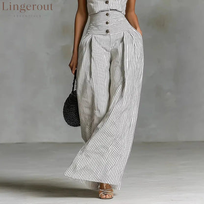 White Black Vertical Stripe Halter High Waist Wide Leg Jumpsuit