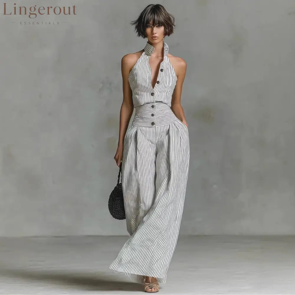 White Black Vertical Stripe Halter High Waist Wide Leg Jumpsuit - White / S