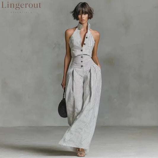 White Black Vertical Stripe Halter High Waist Wide Leg Jumpsuit - White / S