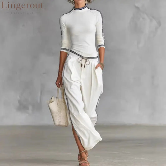 White Contrast Strip Trim Mock Neck 3/4 Sleeve Top