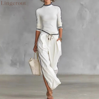 White Contrast Strip Trim Mock Neck 3/4 Sleeve Top