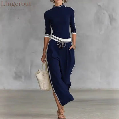 White Contrast Strip Trim Mock Neck 3/4 Sleeve Top