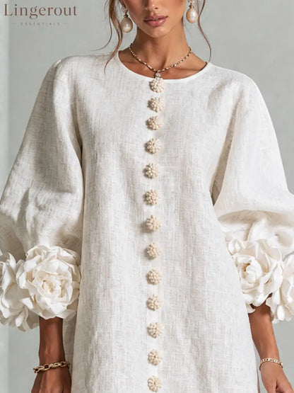 White Floral Button-down Mini Dress With Striking Floral Cuffs