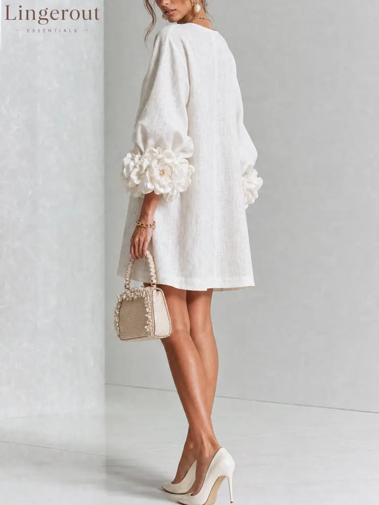 White Floral Button-down Mini Dress With Striking Floral Cuffs