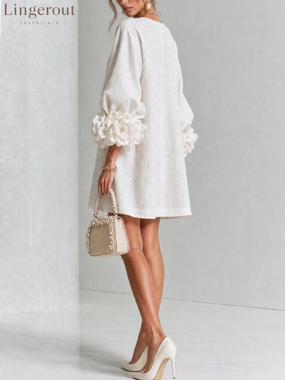White Floral Button-down Mini Dress With Striking Floral Cuffs