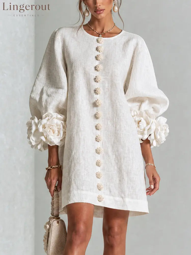 White Floral Button-down Mini Dress With Striking Floral Cuffs - White / S