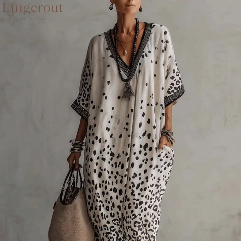 White Gradient Leopard Print Batwing Caftan Maxi Kaftan Dress
