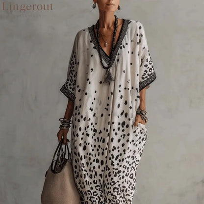 White Gradient Leopard Print Batwing Caftan Maxi Kaftan Dress