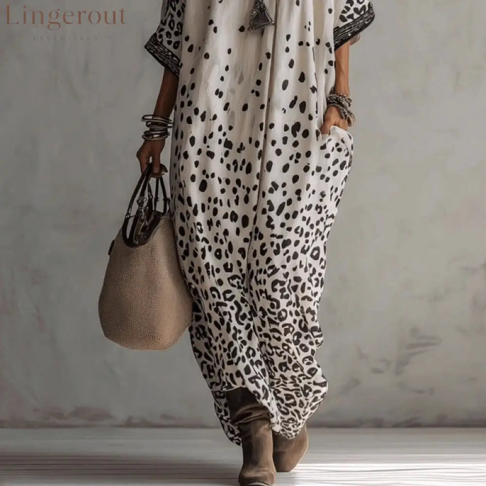 White Gradient Leopard Print Batwing Caftan Maxi Kaftan Dress