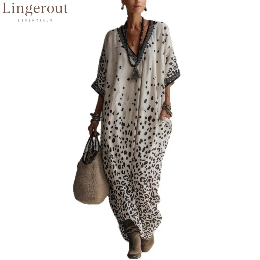 White Gradient Leopard Print Batwing Caftan Maxi Kaftan Dress