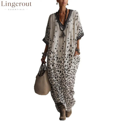 White Gradient Leopard Print Batwing Caftan Maxi Kaftan Dress