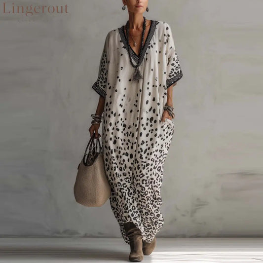 White Gradient Leopard Print Batwing Caftan Maxi Kaftan Dress - White / S