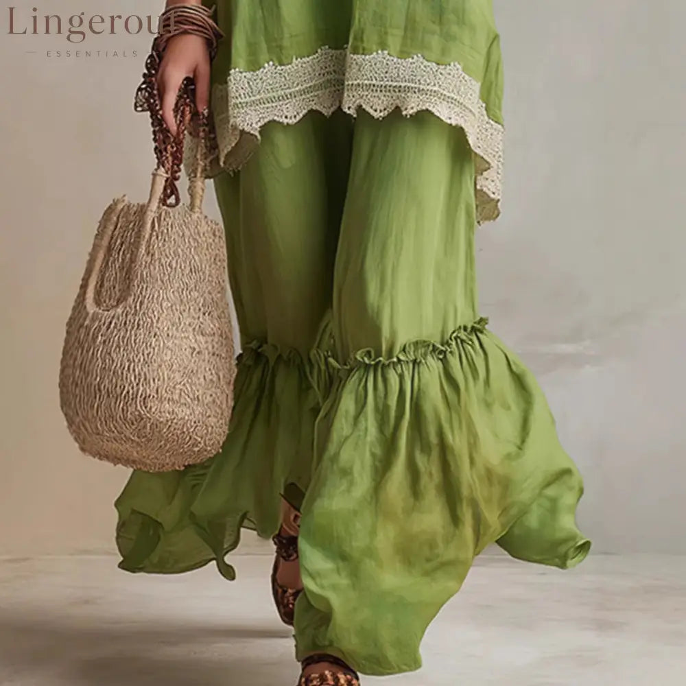 White Lace-Trim Tunic & Ruffle Pants Set