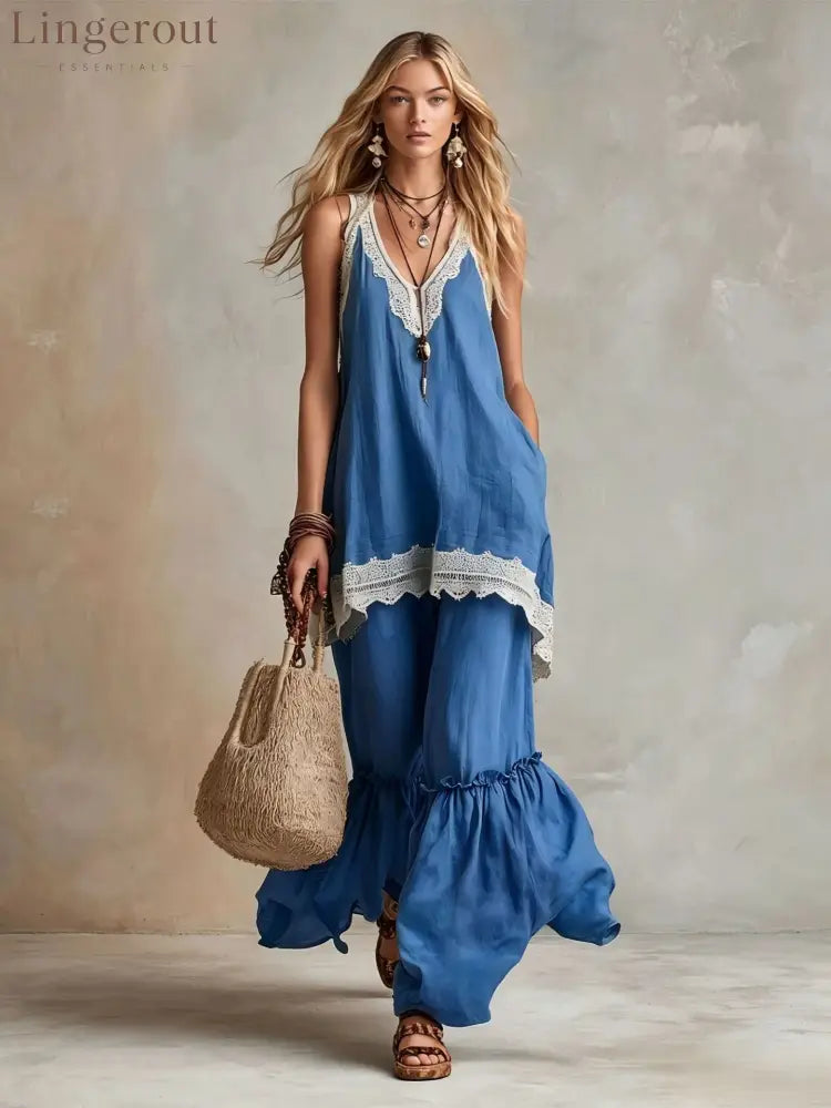 White Lace-Trim Tunic & Ruffle Pants Set - Blue / S