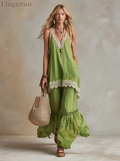 White Lace-Trim Tunic & Ruffle Pants Set - Green / S