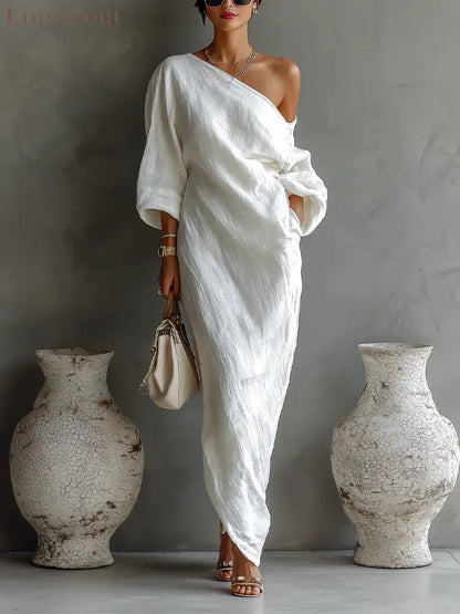 White One-shoulder Flowing Elegant Maxi Dress - White / XS